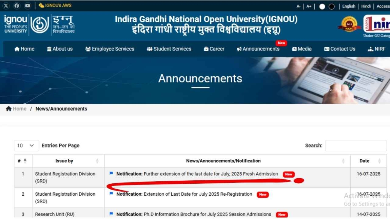IGNOU Admission Last Date June 2025